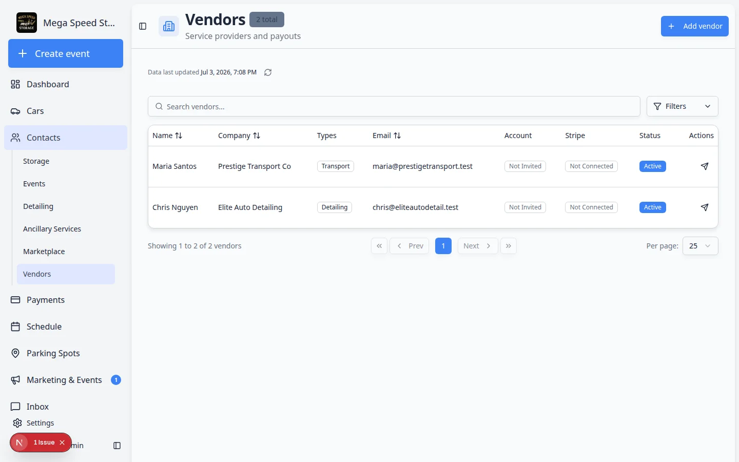 Vendors page under Contacts showing service providers with contact details and payment status