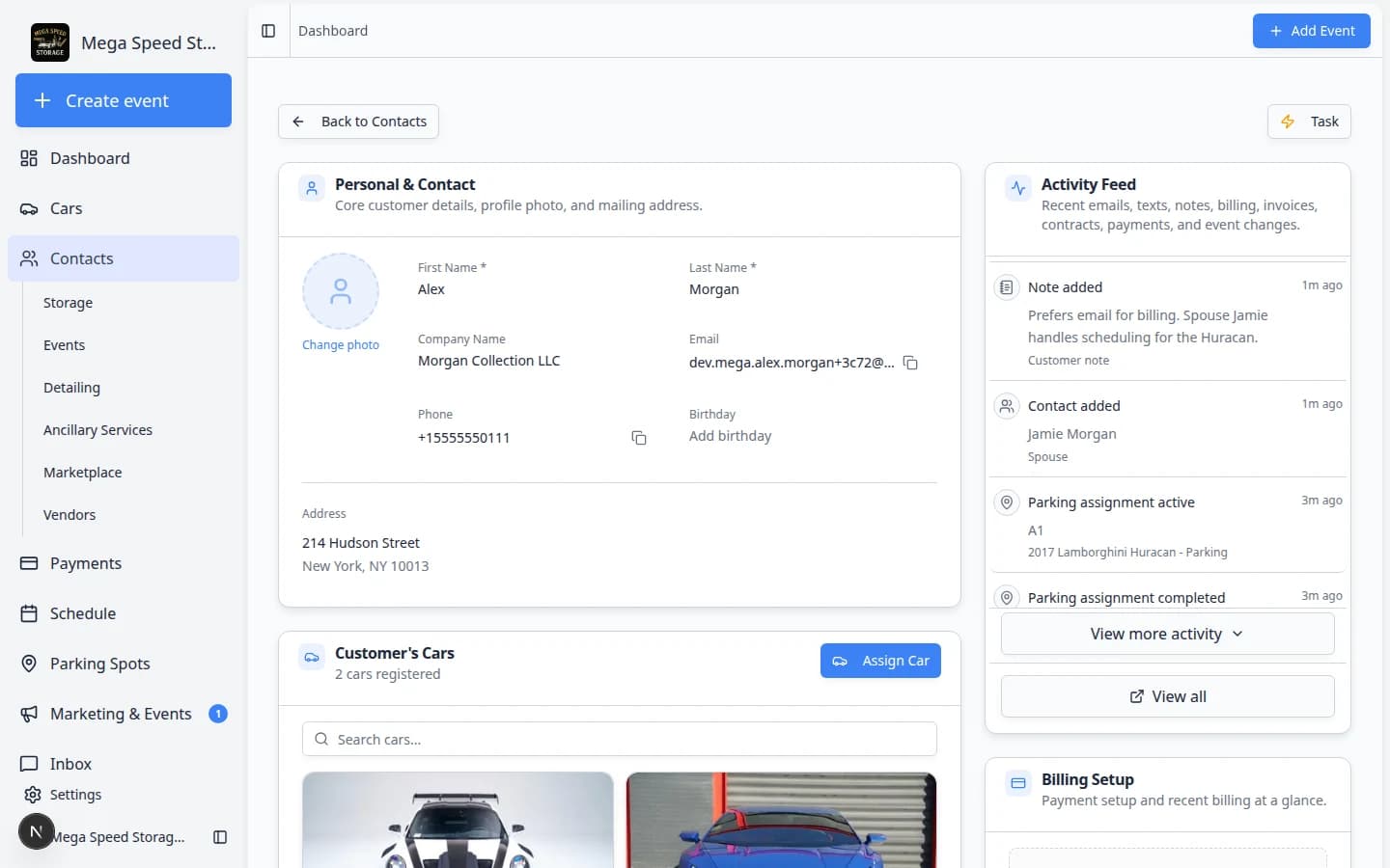 Contacts section on the customer detail page showing the list of additional contacts with role, email, and portal access fields