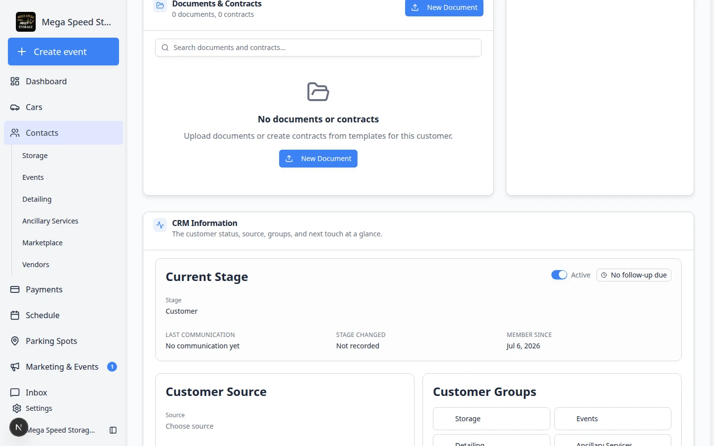 CRM Information section showing Current Stage, Customer Source, Customer Groups, and Tags fields