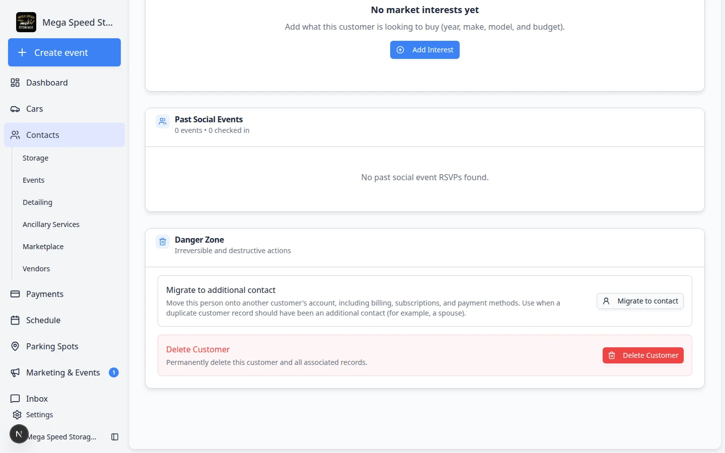 Danger Zone section at the bottom of a customer detail page showing Migrate to contact and Delete customer options