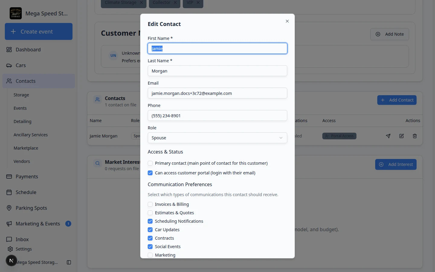 Edit Contact dialog with Can access customer portal checkbox enabled