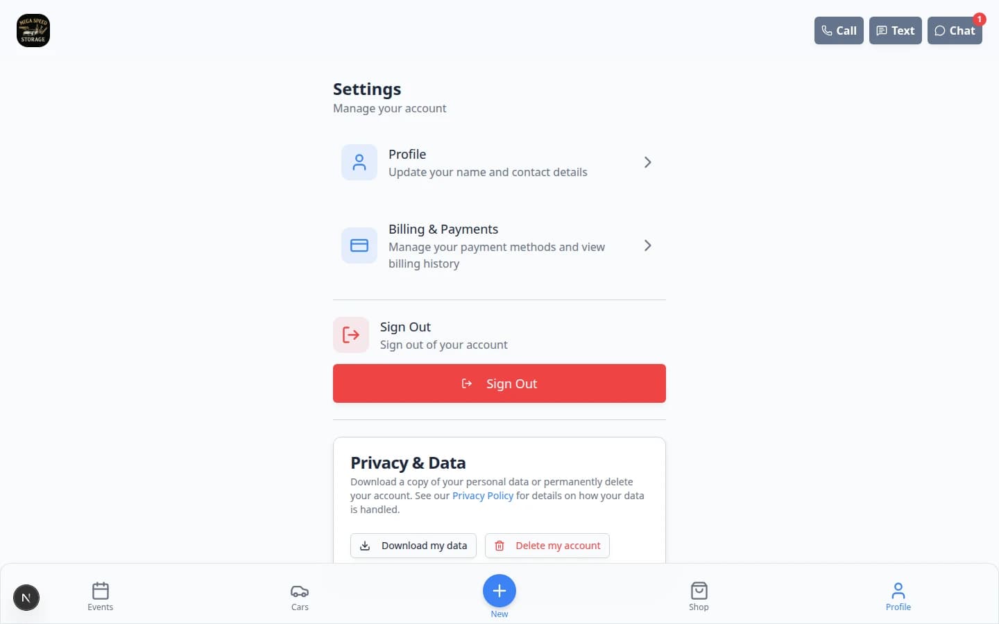 Customer portal Settings page showing account preferences and profile options