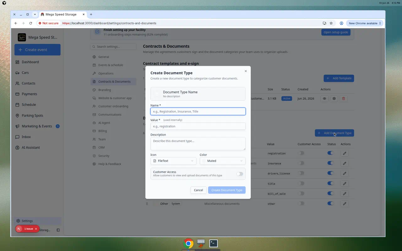 Add Document Type dialog showing name, description, icon, color, and Customer Access switch