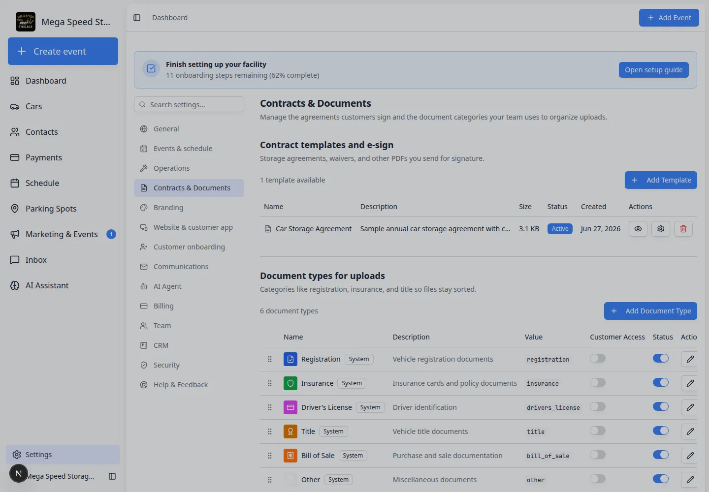 Create Contract Template dialog with PDF upload box, name field, description field, and Create and Configure button