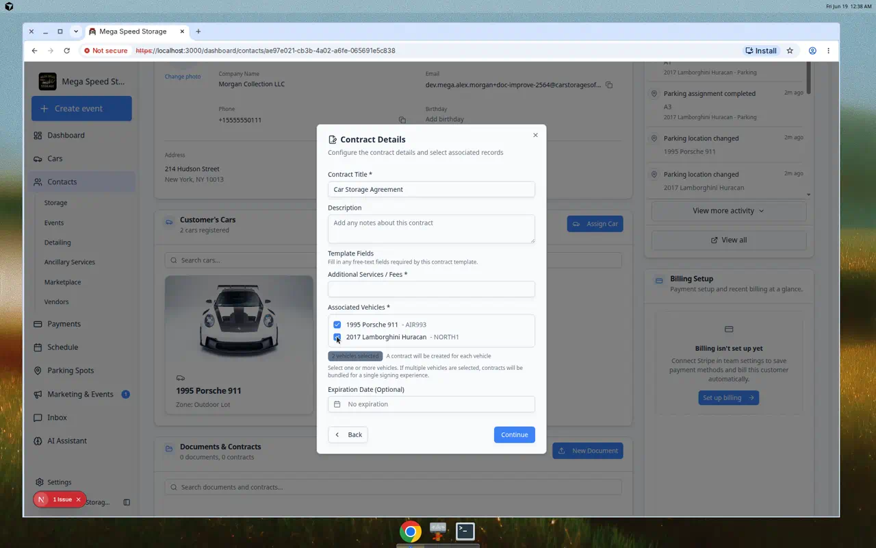 Vehicle selection panel showing two cars selected with a note about one signing experience