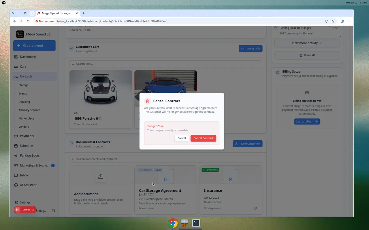 Cancel contract dialog with a danger zone warning before stopping an unsigned agreement