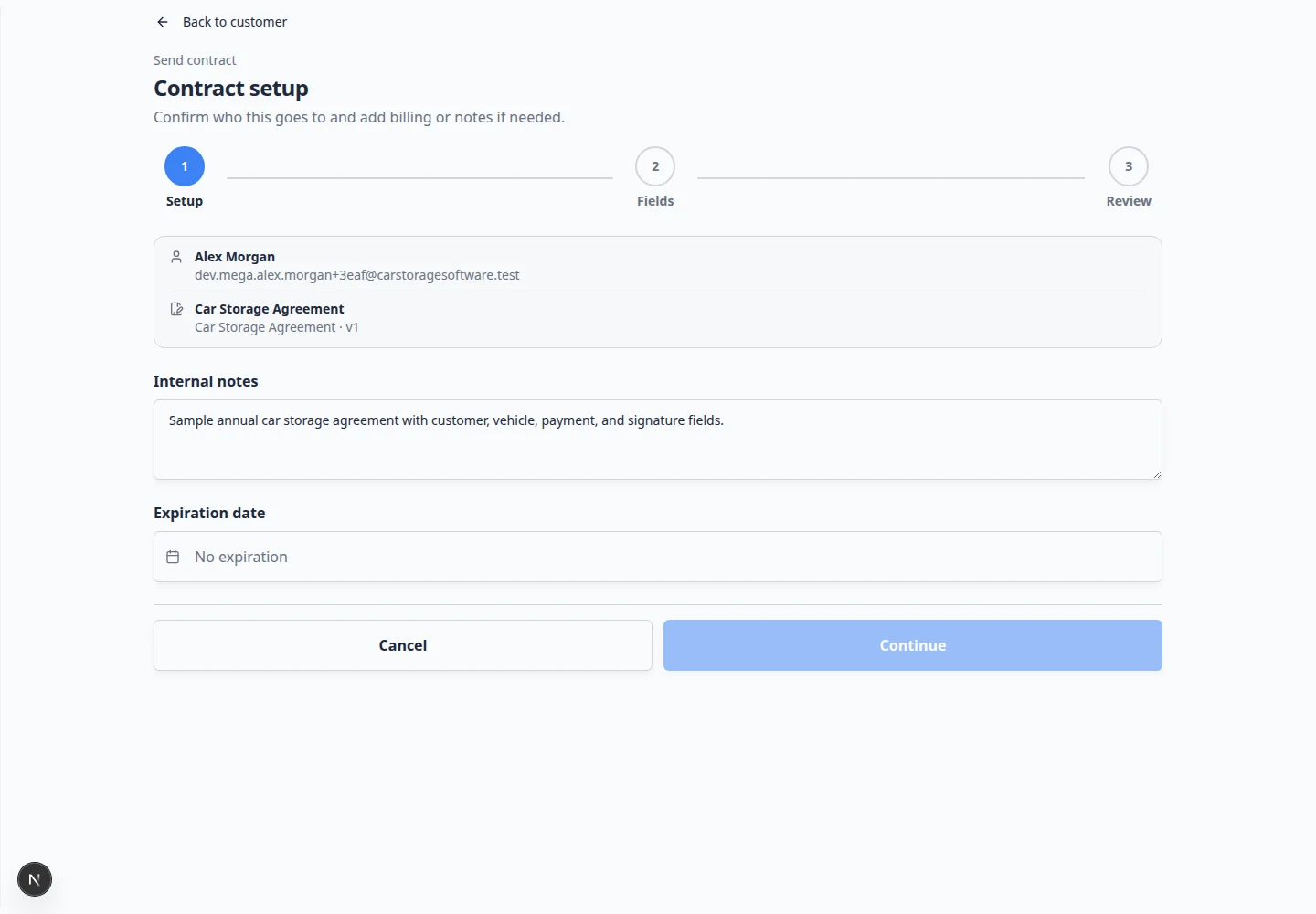 Review and send step showing contract summary and Send to customer button