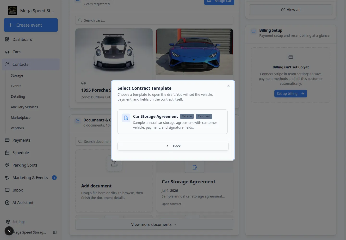 Select Contract Template window showing Car Storage Agreement