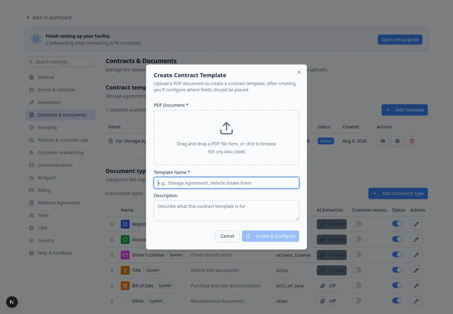 Create Contract Template dialog with PDF upload area, template name, description, and Create and Configure button
