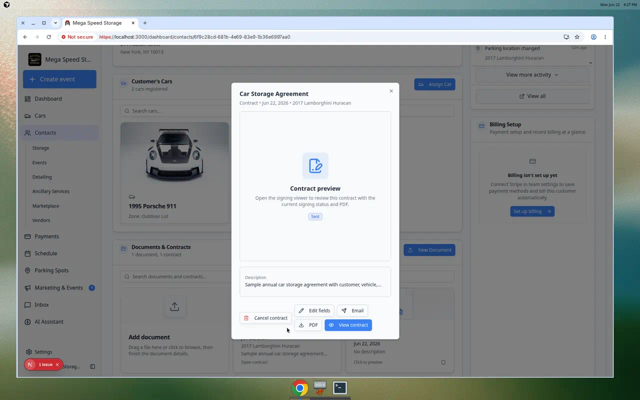 Document or contract preview window showing status, description field, and Download or View buttons