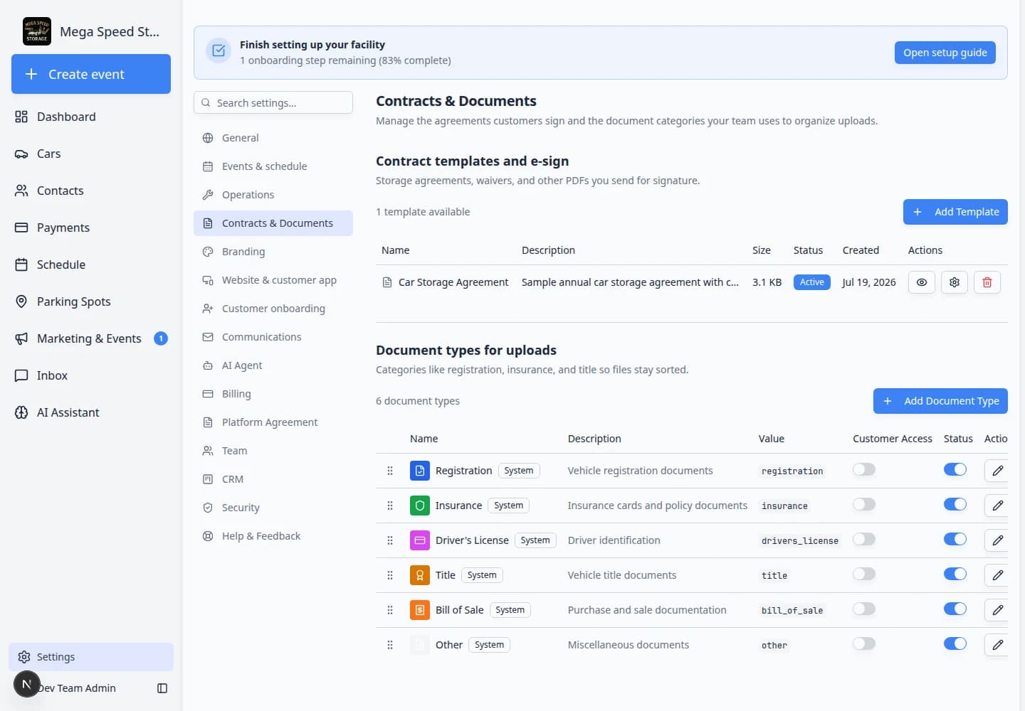 Document types for uploads section listing Insurance, Vehicle Registration, and other upload categories with Add Document Type button
