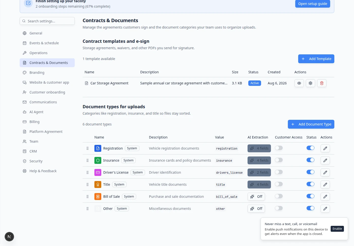 Document types for uploads section in settings showing Insurance and Vehicle Registration categories