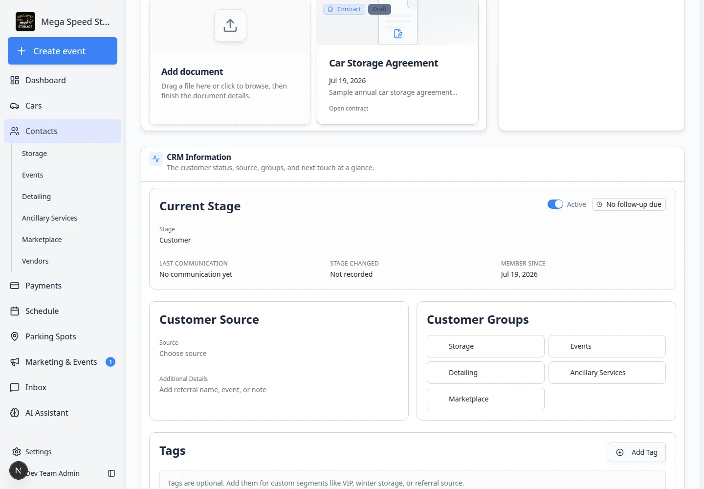 Customer record showing Documents and Contracts with an uploaded file and a sent or completed agreement