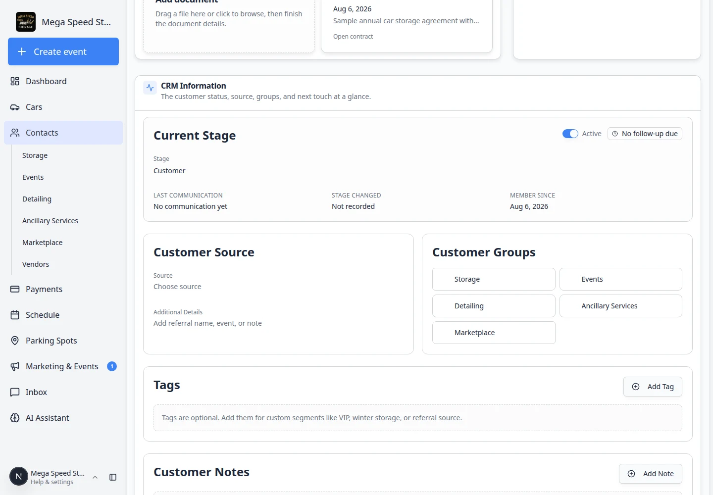 Customer record showing Documents and Contracts with an uploaded file and a sent or completed agreement