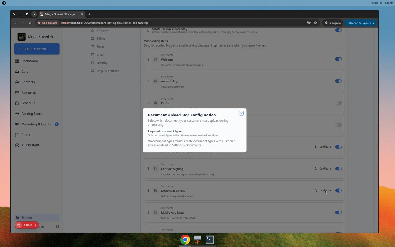 Document Upload Step Configuration modal in customer onboarding settings