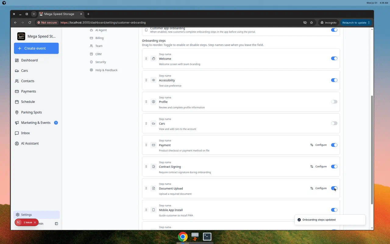 Customer onboarding settings with Customer app onboarding on and Contract Signing and Document Upload steps enabled