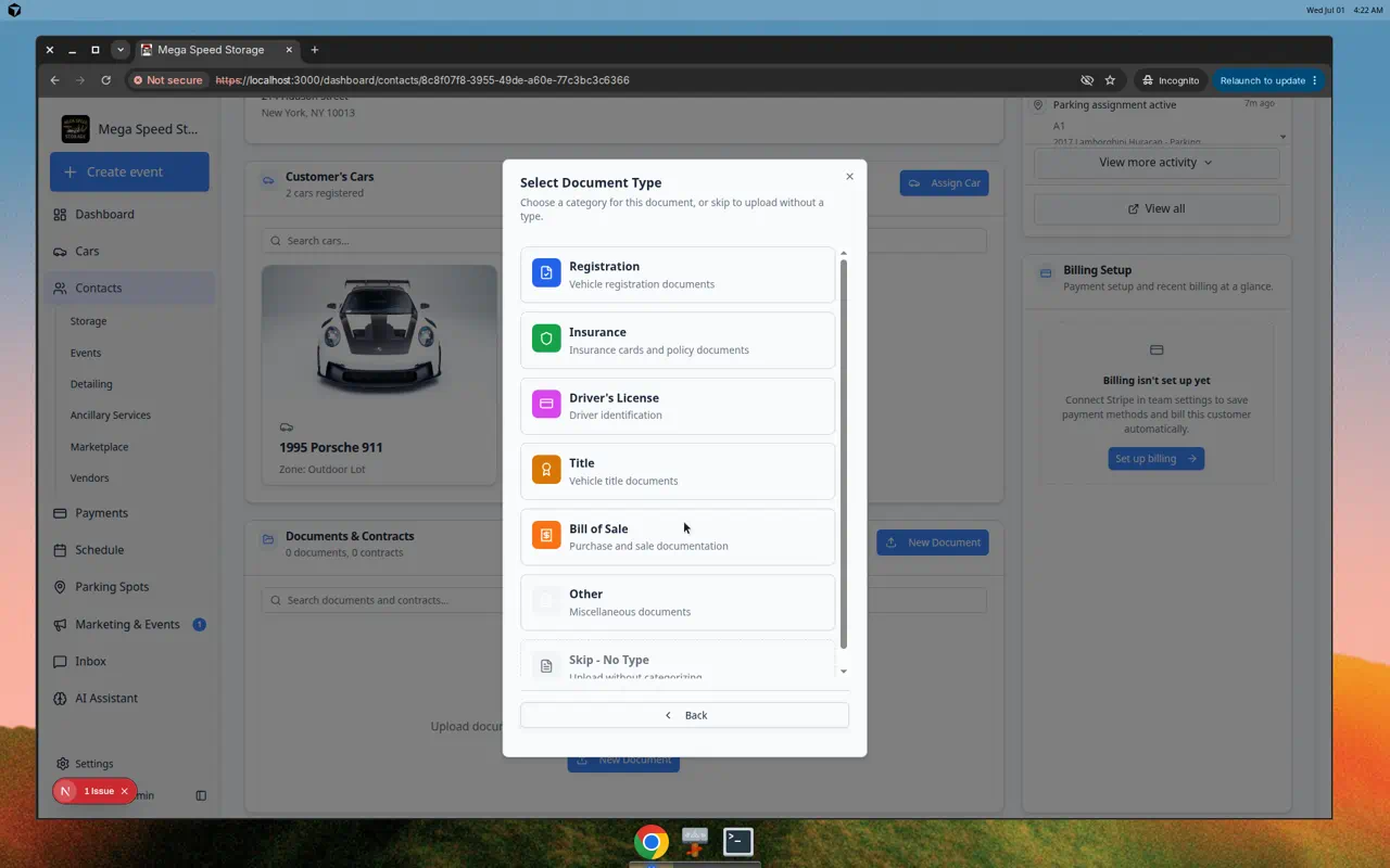 Select Document Type window listing Insurance, Registration, Driver License, Title, Bill of Sale, Other, and Skip - No Type