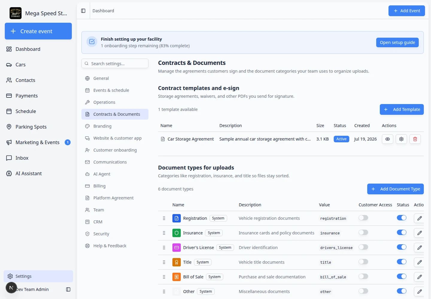Contracts and Documents settings page with contract templates at the top and document types below
