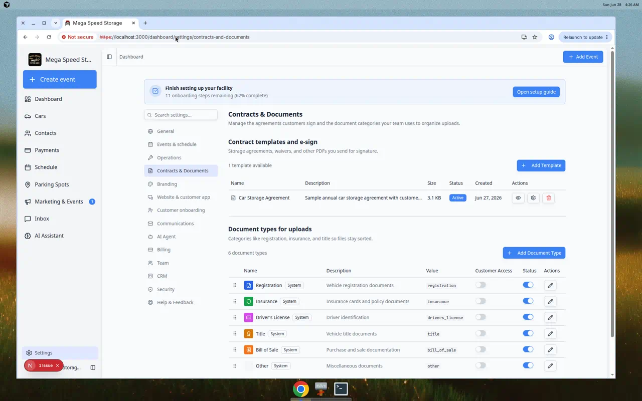 Contracts and Documents settings showing one active Car Storage Agreement template and six document types for uploads