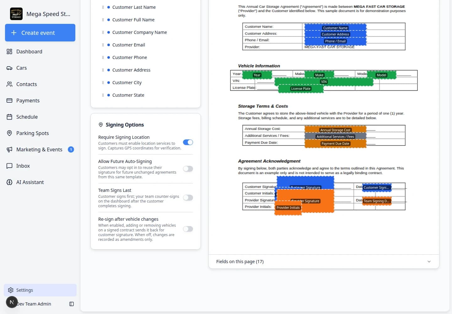 Contract template editor Signing Options showing Require Signing Location and Allow Future Auto-Signing toggles