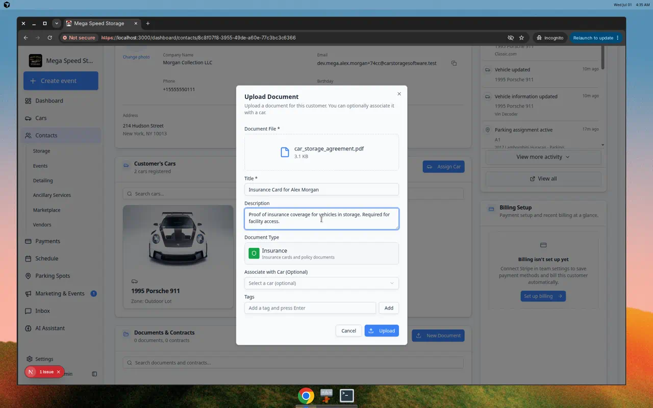 Upload Document form filled in with insurance file, title, description, document type Insurance, and optional car association
