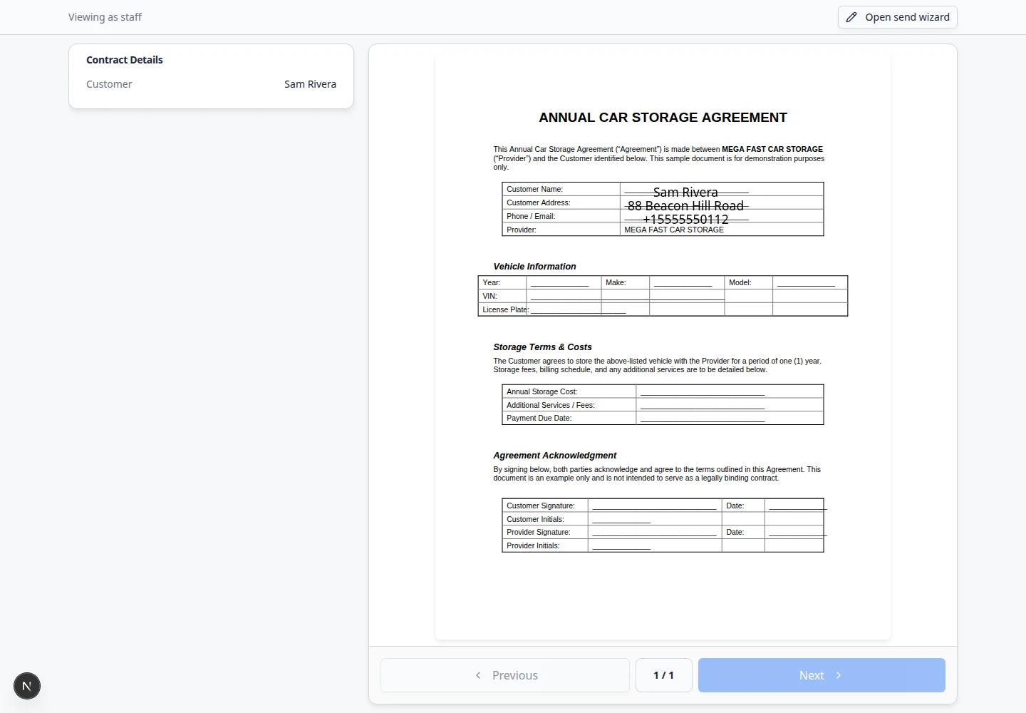 Customer contract signing page showing agreement title, vehicle details, signature pad, and Sign Contract button