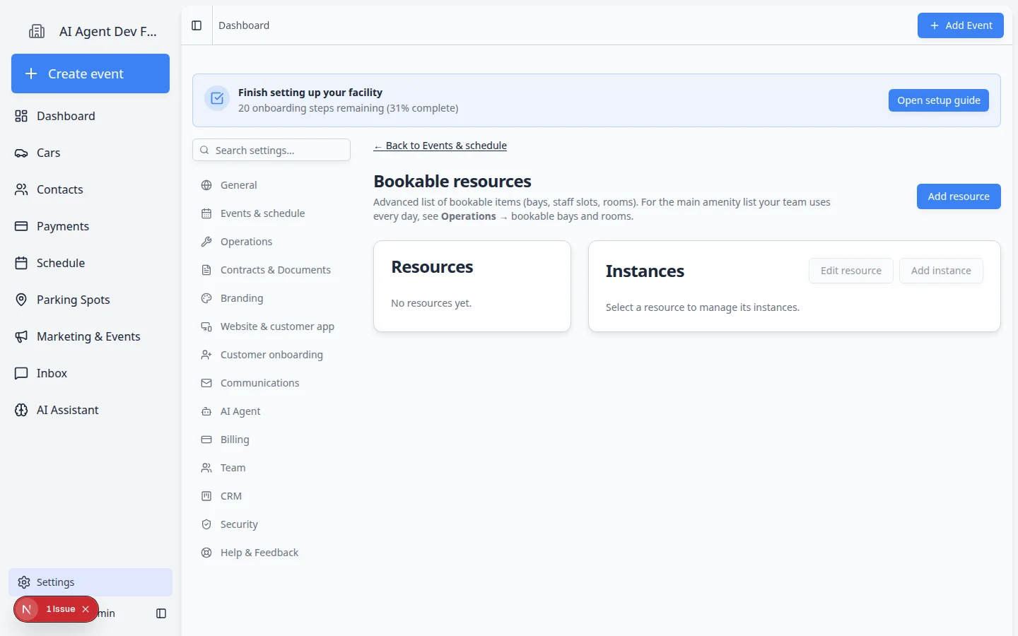 Bookable resources page showing a Detail Bay resource with one instance named Bay 1