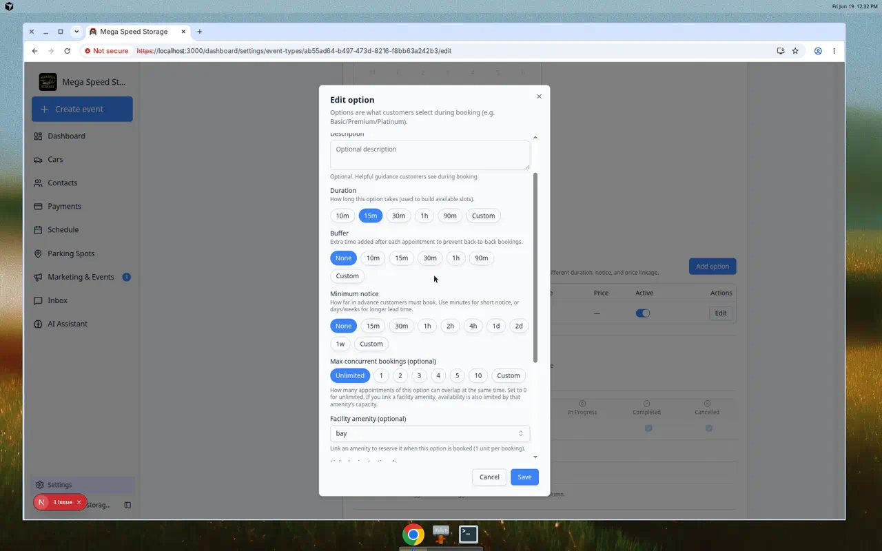 Edit option dialog on an event type showing Facility amenity optional with a bay instance selected