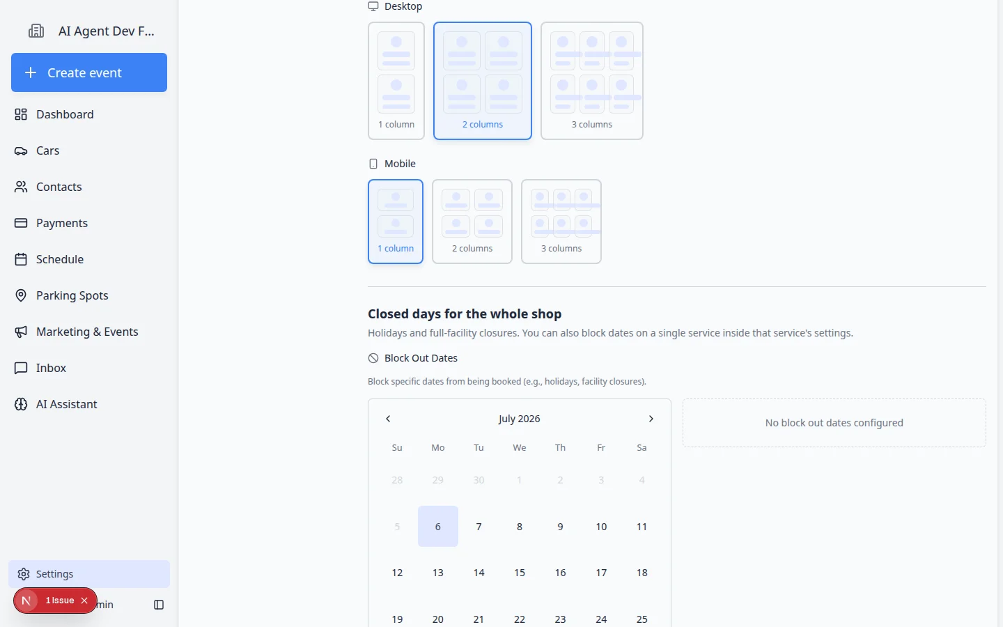 Events and schedule settings page scrolled to Closed days for the whole shop with a calendar, reason field, and Add Block Out Date button