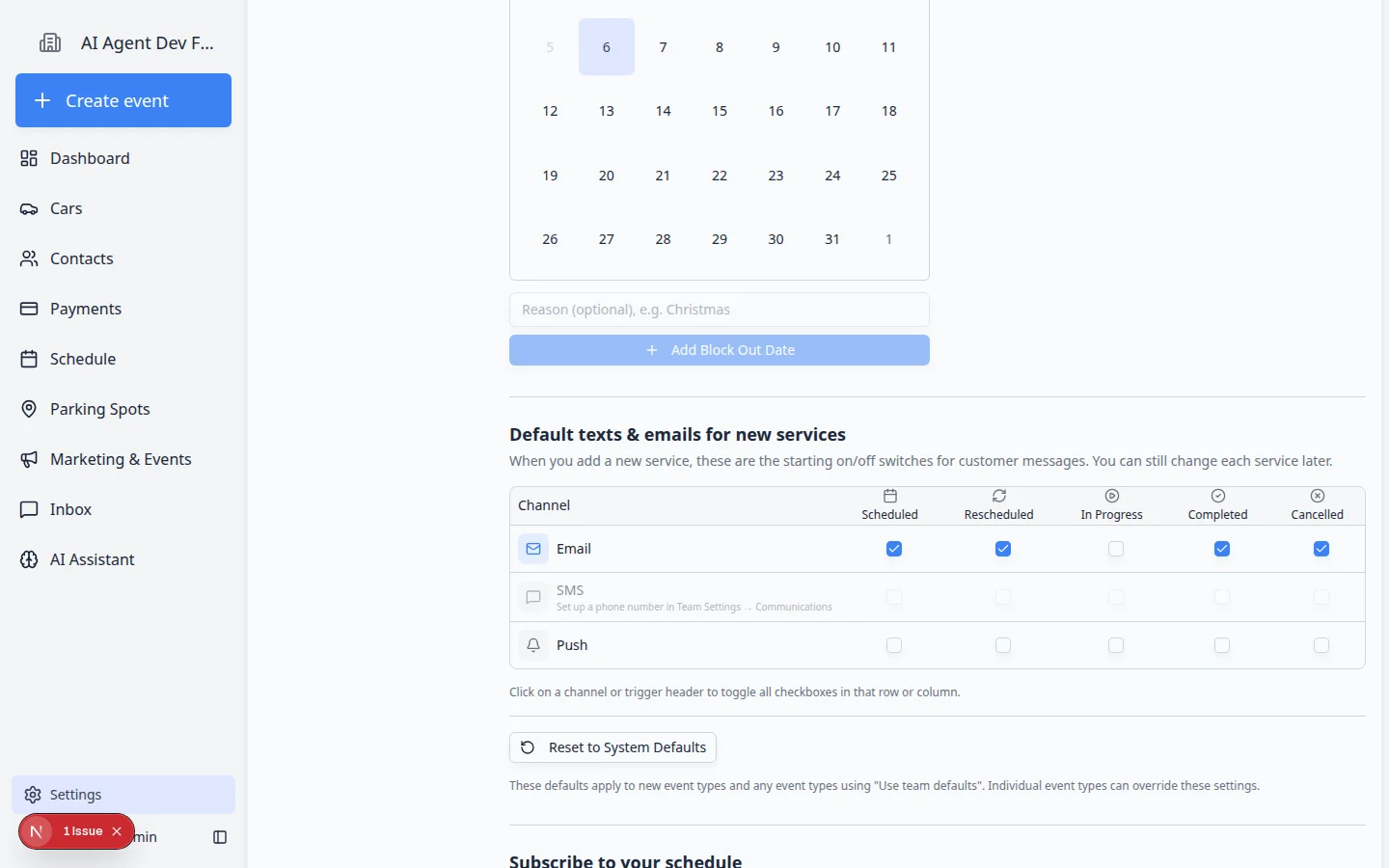 Default texts and emails matrix with Scheduled, Rescheduled, In Progress, Completed, and Cancelled columns and Email, SMS, and Push rows