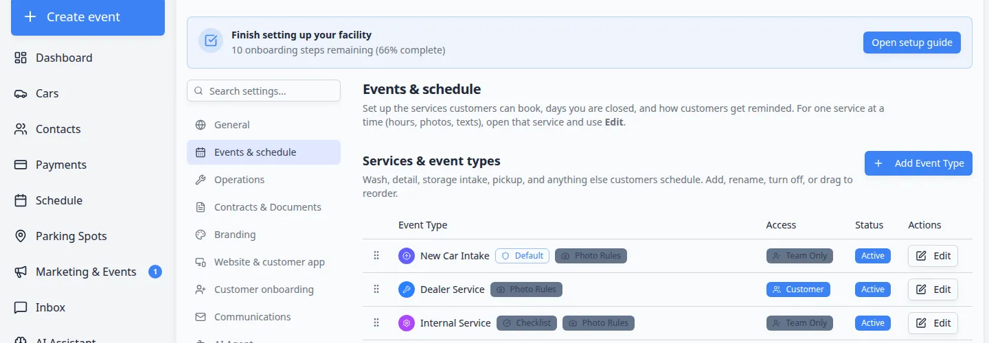 Services and event types table showing event names with badges such as Customer, Active, Photo Rules, and Checklist