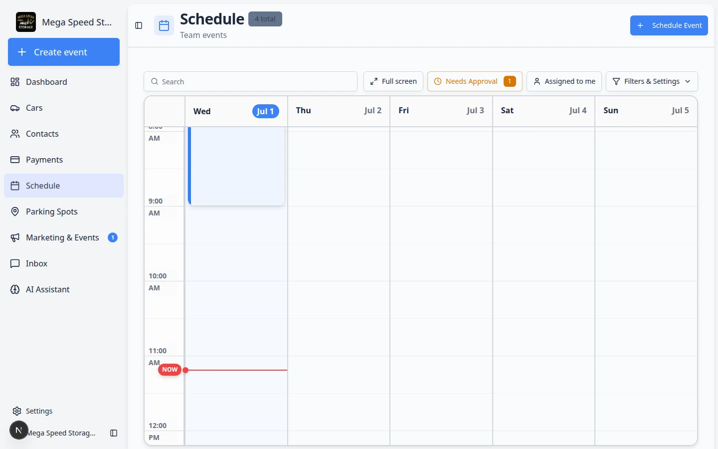 Schedule page with Needs approval filter showing pending customer booking requests