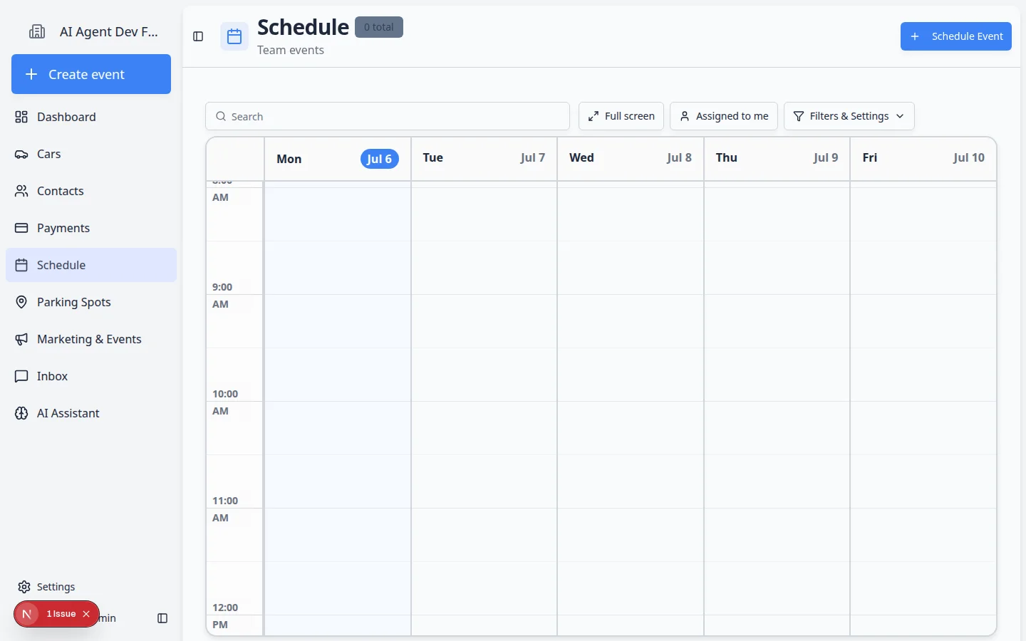 Schedule calendar showing multiple colored appointment blocks across the week for different vehicles and event types