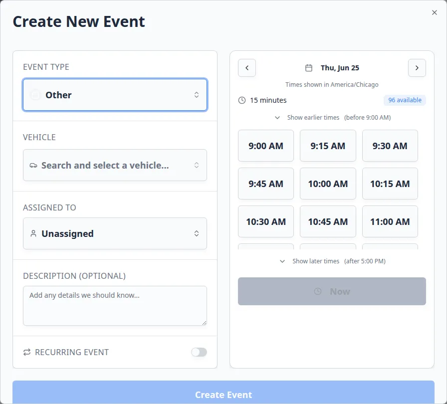 Create New Event dialog on the Schedule page showing event type, vehicle, date picker, and available time slots