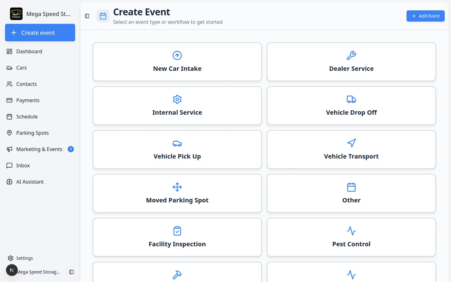 Schedule event detail panel showing customer, vehicle, status, and an Open Event button