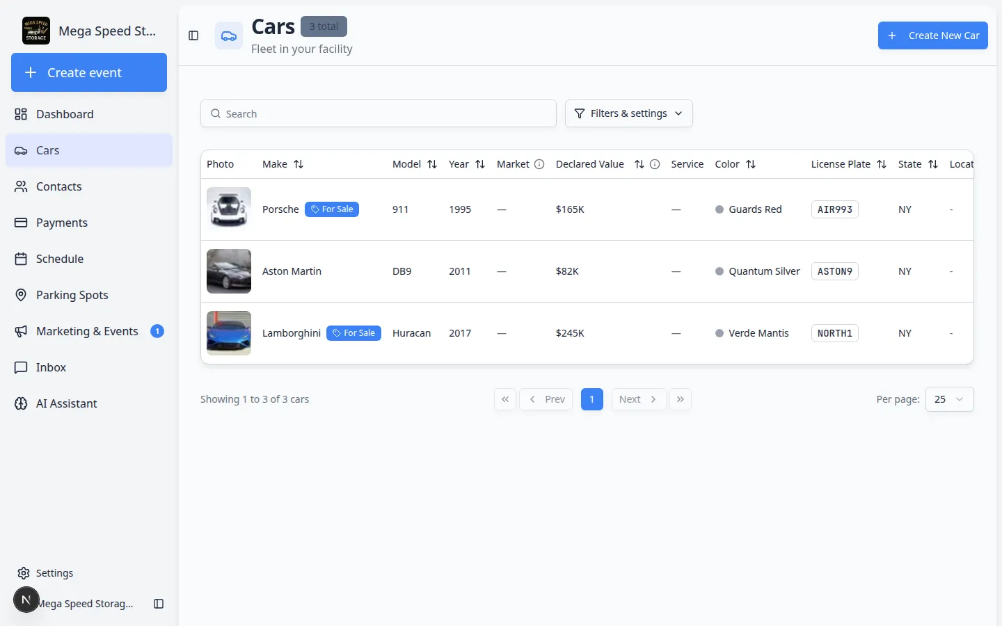 Car detail page for a Lamborghini Huracan showing the Add menu with Create event option