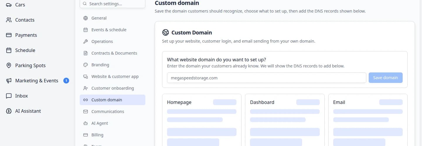 Custom domain settings showing Website, Customer login, and Email domain setup options