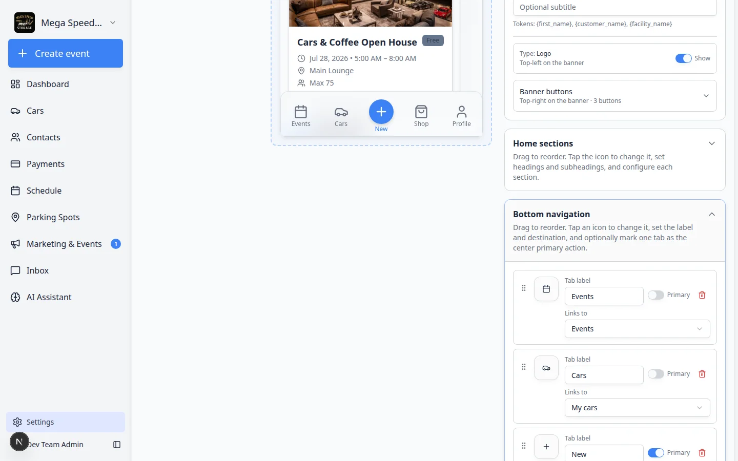 Customer app bottom tabs settings showing tab labels, icons, and remove buttons beside the phone preview