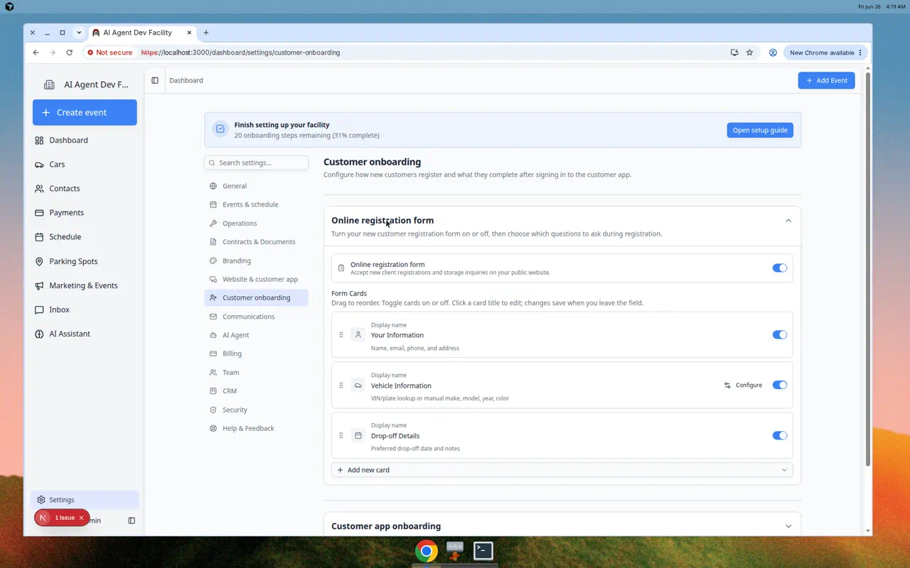 Customer onboarding settings showing Online registration form enabled and Form Cards list
