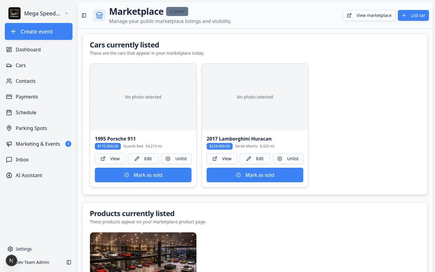 Marketplace page in the dashboard showing cars currently listed with View, Edit, Unlist, and Mark as sold actions