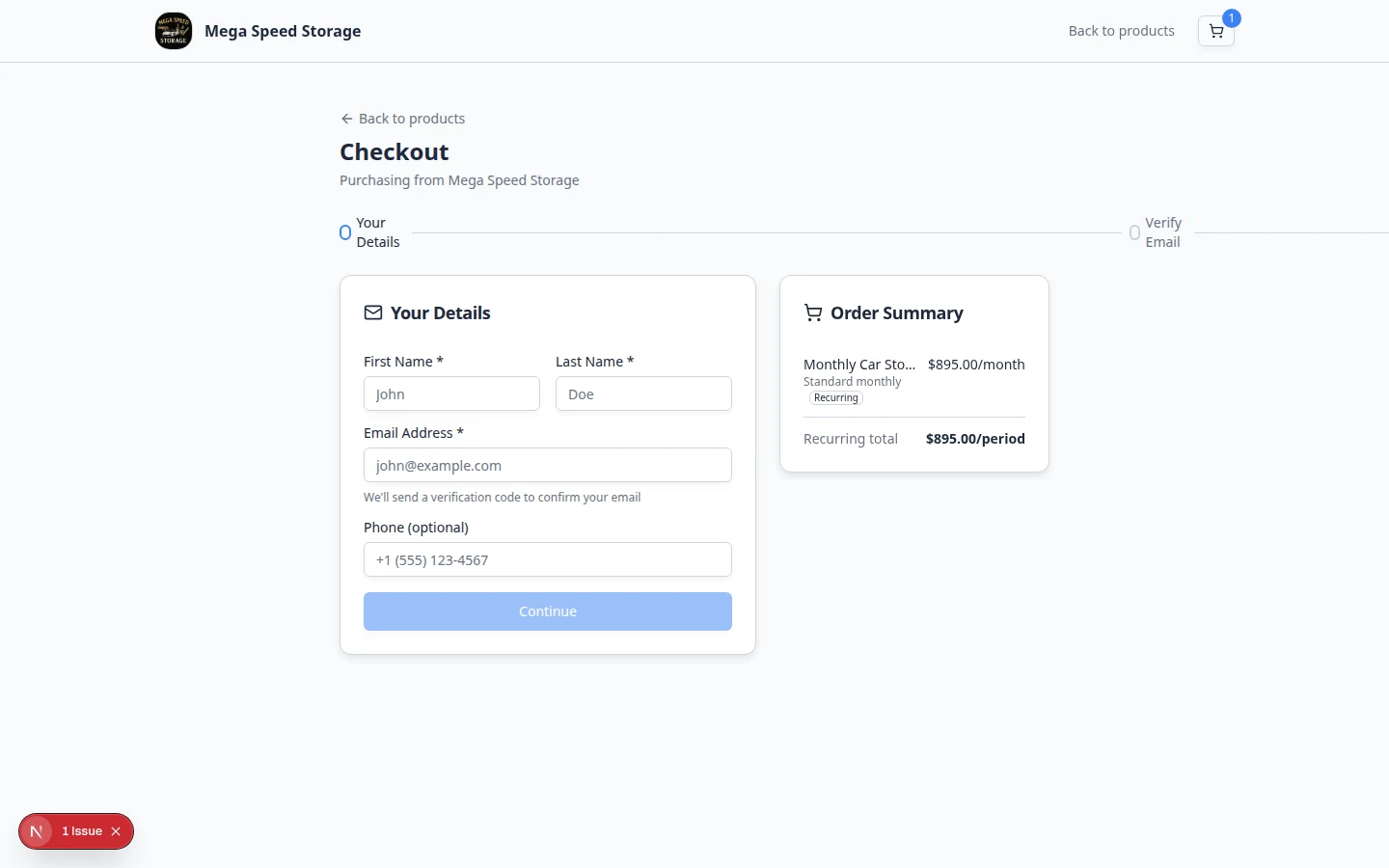 Marketplace checkout page showing contact fields, order summary with monthly storage total, and Continue button