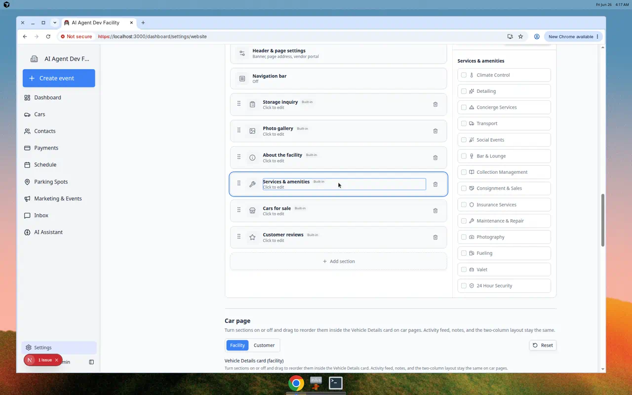 Page editor on Website settings showing draggable sections such as Storage inquiry, Photo gallery, About the facility, and Cars for sale