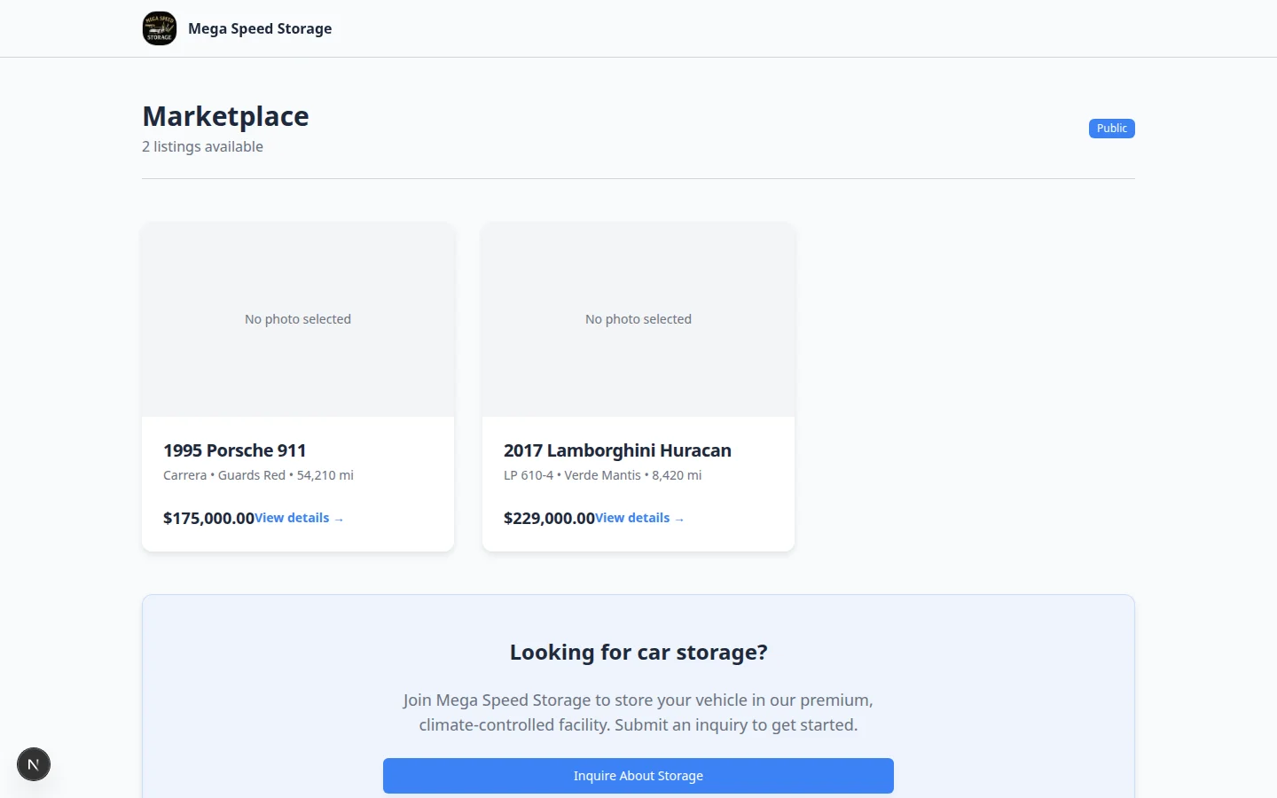 Public marketplace page showing one vehicle listing and a public badge