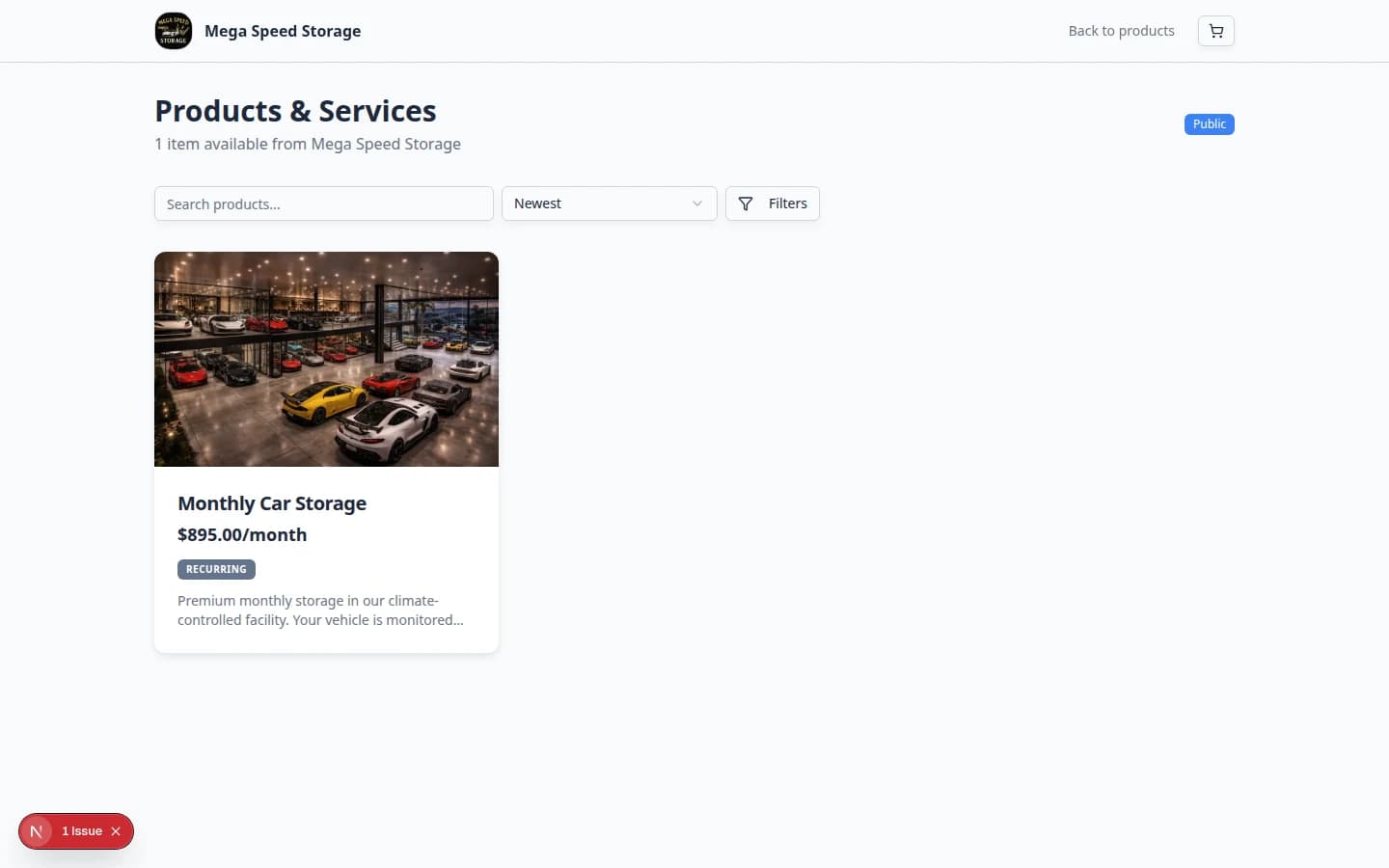 Public product marketplace showing storage plans with prices