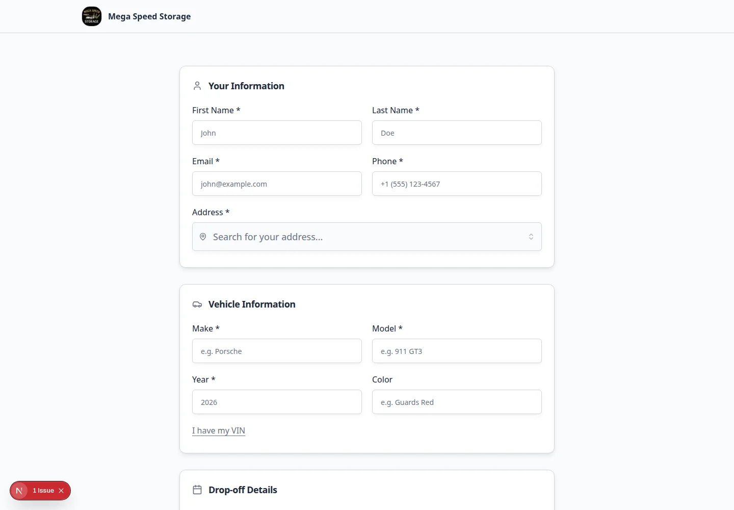 Public customer registration form showing customer information fields and a continue button