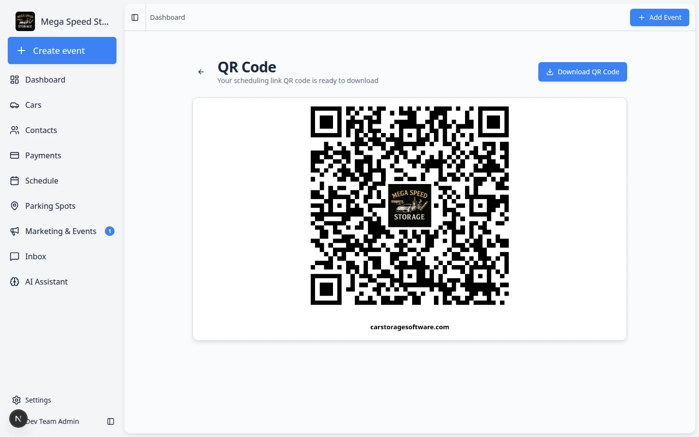 QR code generator page showing a scannable code for the customer login link with a Download button