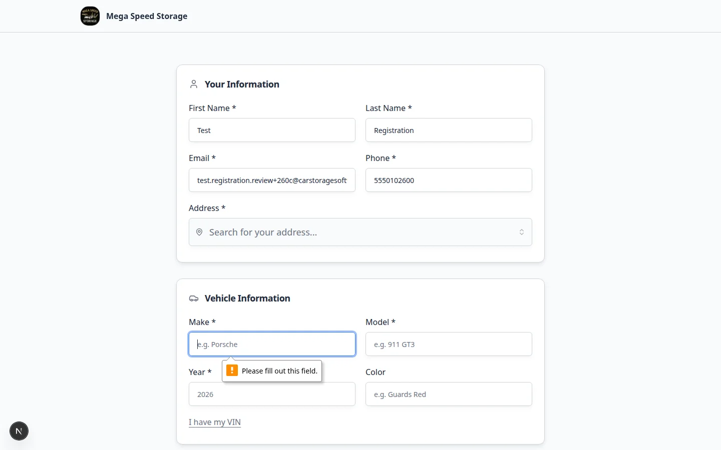 Registration form confirmation screen shown to a prospect after they submit a storage request