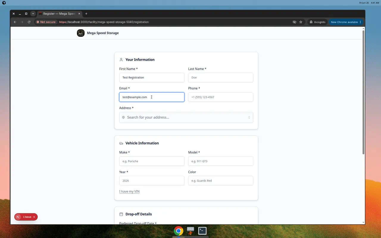 Public registration form partially filled with sample customer name and email before submit
