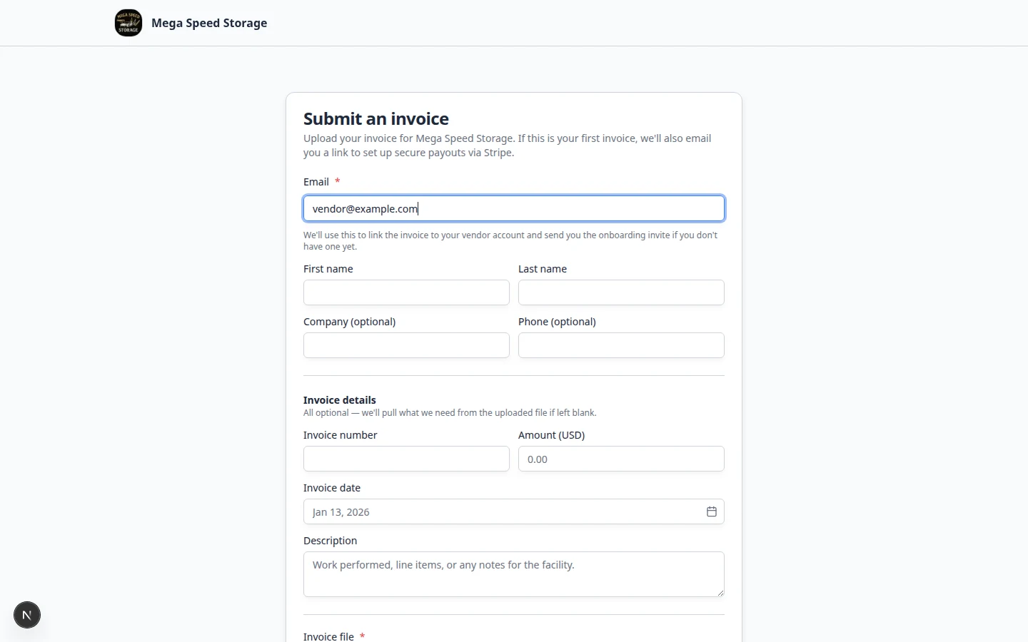 Public vendor invoice form with name, email, invoice number, amount, and file upload fields