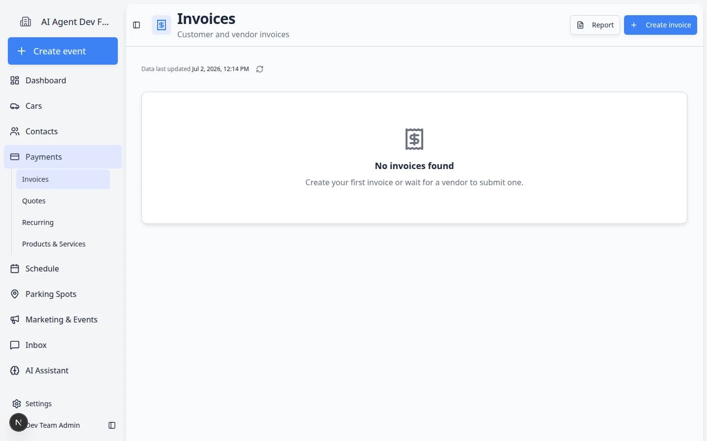 Payments Invoices page on the Vendor tab showing submitted vendor invoices with status and amounts